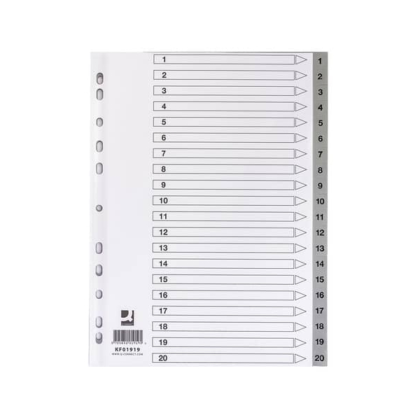 Q-connect Kunststoffregister KF01919, 1 bis 20, A4, 120µm, graue Taben, 20-teilig 5705831019195 Q-connect