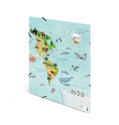 Gummizugmappe 19634, A3 Motiv Weltkarte Karton, mit 3 Einschlagklappen