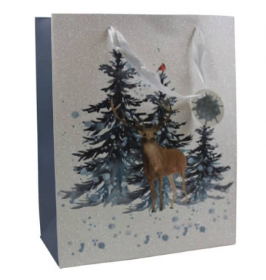 Geschenktasche 51341 Hirsch, Weihnachten, mit Glitter, Schleifenband mit Anhänger, Hirsch im Wald, 26cm x 32cm