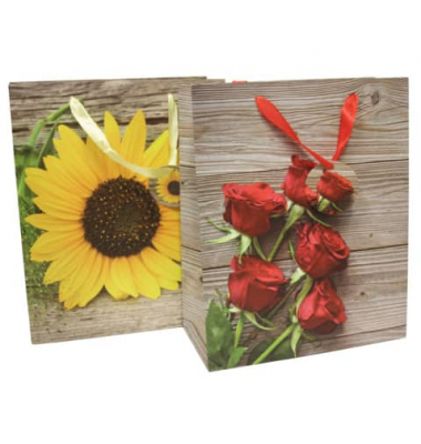 Geschenktasche 51380, allgemein, Schleifenband mit Anhänger, 2 Blumenmotive sortiert, Sonnenblume und Rosen, 260mm x 320mm
