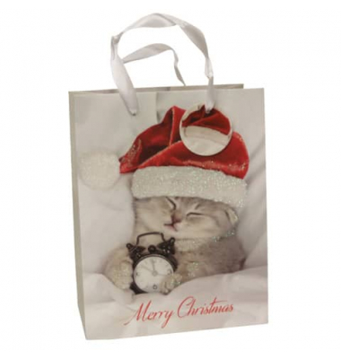 Geschenktasche 51389 Katze, Weihnachten, mit Glitter,Schleifenband mit Anhänger, Katze mit Weihnachtsmütze und Uhr, 180mm x 230m