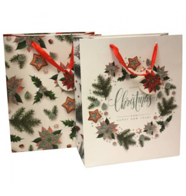 Geschenktasche 51449 Zweige sortiert, Weihnachten, mit Glitter, Schleifenband mit Anh&auml;nger, 2 Motive sortiert, Zweige,1 Motiv mi