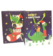 Geschenktasche 51464 Dino sortiert, Weihnachten, mit Glitter, Schleifenband mit Anhänger, Dinos,1 Motiv mit Aufschrift "Merry Ch