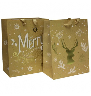 Geschenktasche 51473 sortiert, Weihnachten, mit Goldfolienprägung, Schleifenband, 2 Motive sortiert,1 Motiv mit Aufschrift "Merr