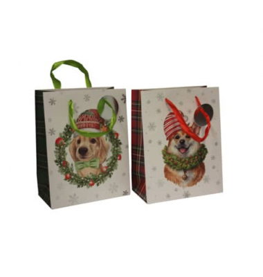 Geschenktasche 51476 Hund sortiert, Weihnachten, mit Silberfolienprägung, Schleifenband mit Anhänger, Hund, 180mm x 230mm