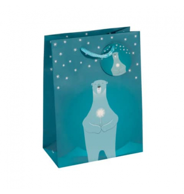 Geschenktasche GT053 Polar Bear, Weihnachten, farblich passenden Tragekordeln und Geschenkanhänger , Eisbär mit Kerze, 17cm x 23