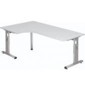Schreibtisch, manuell höhenverstellbar, 65-85cm (H), 200x120cm (BxT), L-Form, weiß / silber