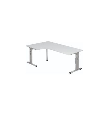 Schreibtisch, manuell höhenverstellbar, 65-85cm (H), 200x120cm (BxT), L-Form, weiß / silber