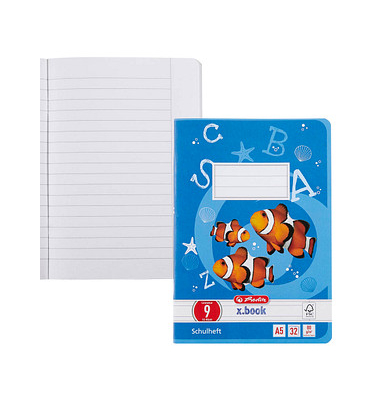Schulheft 340091 x.book, Lineatur 9 / liniert mit weißem Rand, A5, 80g, blau, 32 Blatt / 64 Seiten