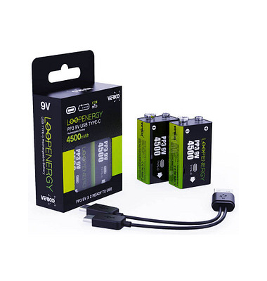 2 VERICO Akkus mit Ladegerät LoopEnergy PP3 9V E-Block 500 mAh