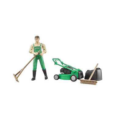 bruder bworld 62103 Gärtner mit Rasenmäher und Gartengeräten Spielfigur
