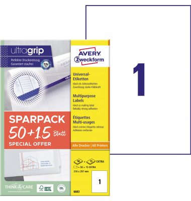 Etiketten ultragrip SPARPACK 50 + 15 Blatt 6603, weiß 210x297mm, rechteckig, 