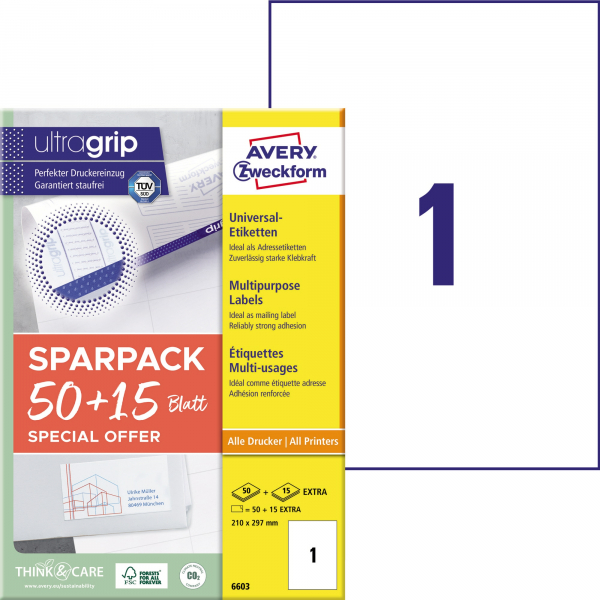 4004182066034 - Universaletiketten ultragrip SPARPACK 50 + 15 Blatt 6603 weiß rechteckig 210x297mm (BxH) permanent 65 Etiketten  4004182066034 A 65 St