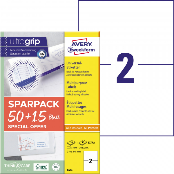 4004182066041 - Universaletiketten ultragrip SPARPACK 50 + 15 Blatt 6604 weiß rechteckig 210x148mm (BxH) permanent 130 Etiketten  4004182066041  130 S