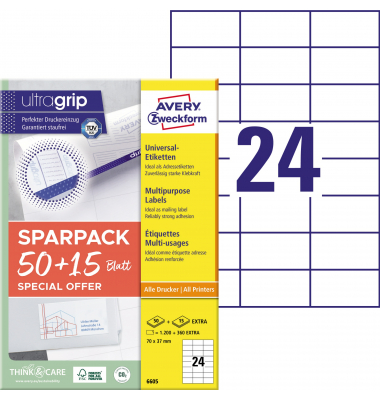 Etiketten ultragrip SPARPACK 50 + 15 Blatt 6605, weiß 70x37mm, rechteckig, 