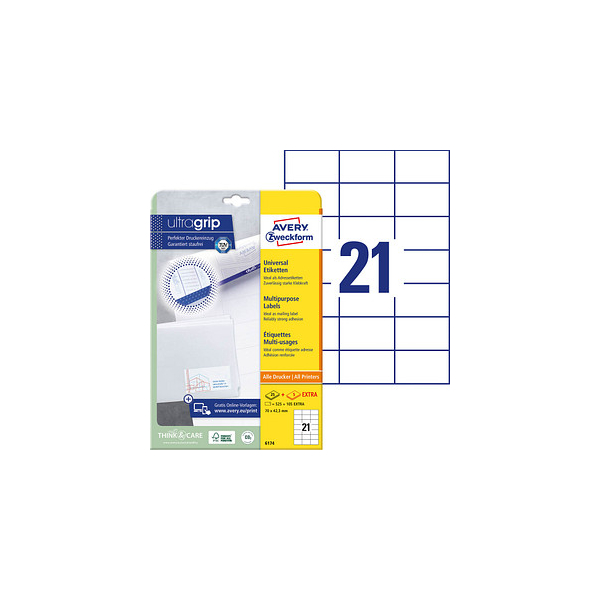 4004182433362 - AVERY Zweckform ultragrip Mehrzwecketiketten 6174 Selbsthaftend DIN A4 Weiß 7 x 423 cm 30 Blatt à 21 Etiketten