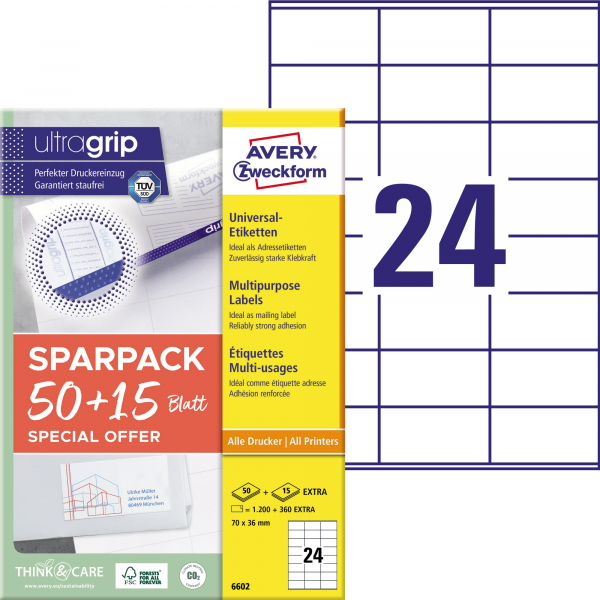 4004182066027 - Universaletiketten ultragrip SPARPACK 50 + 15 Blatt 6602 weiß rechteckig 70x36mm (BxH) permanent 1560 Etiketten  4004182066027  1560 