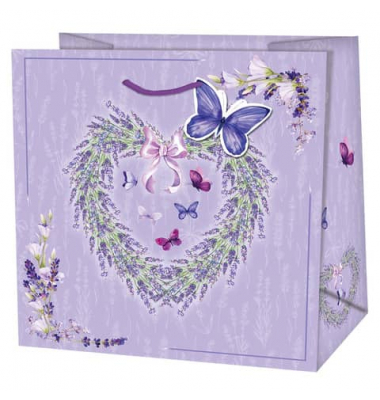 Geschenktasche 22325 TQ Lavendelherz, allgemein, Kordelband mit Geschenkanhänger, Lavendelherz, 150mm x 145mm