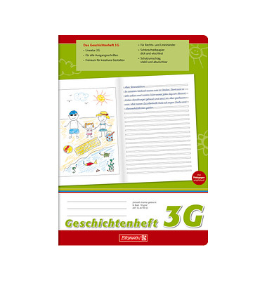 Geschichtenheft 10-4499103, Lineatur 3G / Schreiblern-Lineatur, A4, 90g, grün/rot, 16 Blatt / 32 Seiten