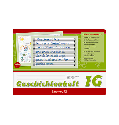 Geschichtenheft 10-45990, Lineatur 1G / Schreiblern-Lineatur, A5 quer, 90g, grün/rot, 16 Blatt / 32 Seiten