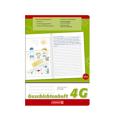 Geschichtenheft 10-4499104, Lineatur 4G / Schreiblern-Lineatur, A4, 90g, grün/rot, 16 Blatt / 32 Seiten