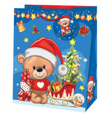 Geschenktasche 223-526 TL Teddy, Weihnachten, gedrehte Kordel mit Karte, Weihnachtsteddybär , 267mm x 330mm