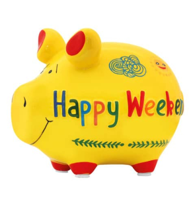Spardose Schwein (klein) 101878 , "Schriftzug Happy Weekend"