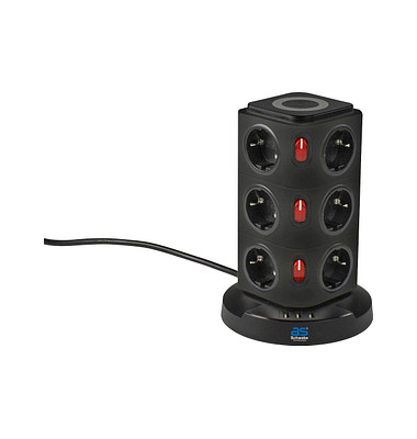 as-Schwabe QI-Wireless Ladestation 12-fach Steckdosenturm 2,0 m schwarz mit USB-Buchse