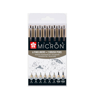 8 Sakura Pigma Micron Fineliner-Set farbsortiert 0,25 + 0,45 + 0,60 mm