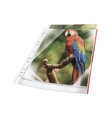 Prospekth&uuml;llen Premium 265403 dokumentenecht, mit Lochrandverst&auml;rkung, mir rotem Rand, A4 glasklar glatt, oben offen, 0,08mm