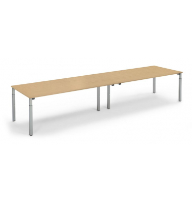 Konferenztisch System MODUL, h&ouml;henverstellbar 65-85cm (H), 400x100cm (BxT), 14 Personen, rechteckig, buche / silber