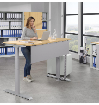 Sitz-Steh-Schreibtisch FLEX MODUL, elektrisch h&ouml;henverstellbar, 60,5-125,5cm (H), 180x80cm (BxT), rechteckig, buche / silber