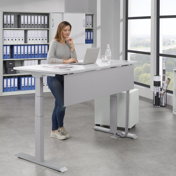 4255704318241 - Sitz-Steh-Schreibtisch 346505 elektrisch höhenverstellbar 605-1255cm (H) 1600mmx800mm (BxT) rechteckig lichtgrau   Alusilb