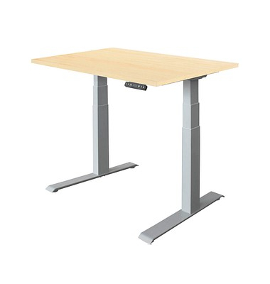 Sitz-Steh-Schreibtisch Basic, elektrisch höhenverstellbar, 64-129cm (H), 120x80cm (BxT), rechteckig, ahorn / silber
