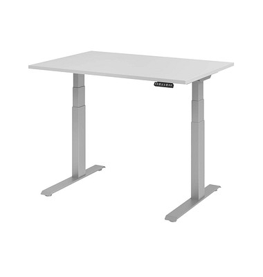 Sitz-Steh-Schreibtisch Basic, elektrisch höhenverstellbar, 64-129cm (H), 120x80cm (BxT), rechteckig, lichtgrau / silber