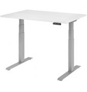 Sitz-Steh-Schreibtisch Basic, elektrisch höhenverstellbar, 64-129cm (H), 120x80cm (BxT), rechteckig, weiß / silber