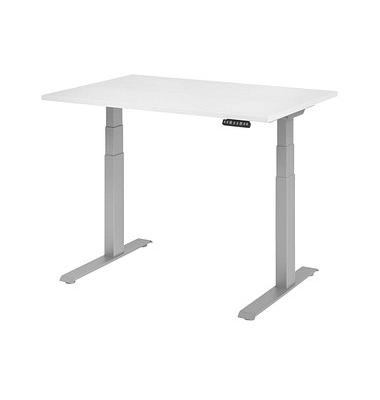 Sitz-Steh-Schreibtisch Basic, elektrisch höhenverstellbar, 64-129cm (H), 120x80cm (BxT), rechteckig, weiß / silber