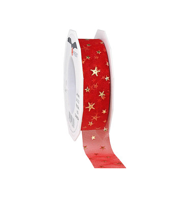 Geschenkband Canada 243 25 20-609, gold Sterne, 25mm x 20m, rot