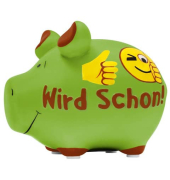 Spardose Schwein (klein) 101879 , "Daumen hoch/Schriftzug"