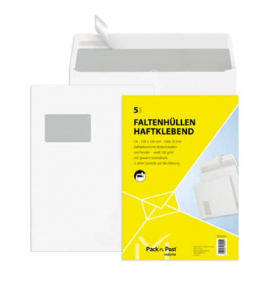Faltentaschen 30002431, C4, mit Fenster, 30mm-Falte, haftklebend, 120g, weiß