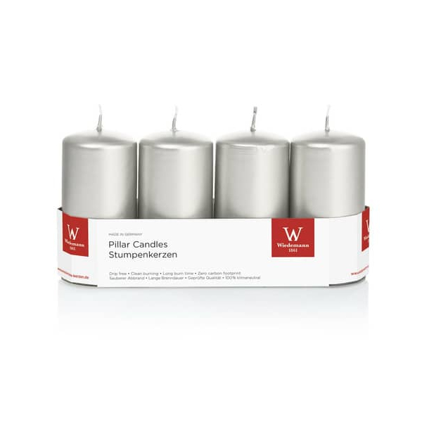 Wiedemann Stumpenkerzen 218163.027 silber 100x50mm (HxØ) ca. 23 Stunden Brenndauer 4009406639803 Wiedemann 4 Stück