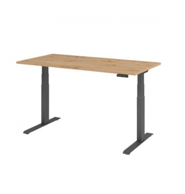 Sitz-Steh-Schreibtisch Basic, elektrisch h&ouml;henverstellbar, 64-129cm (H), 160x80cm (BxT), rechteckig, asteiche / graphit