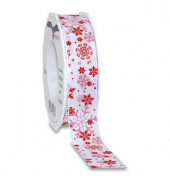 Geschenkband Cavalese 8672520-601, Schneeflocken, 25mm x 20m, weiß/rot