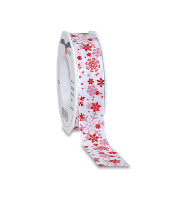 Geschenkband Cavalese 8672520-601, Schneeflocken, 25mm x 20m, weiß/rot