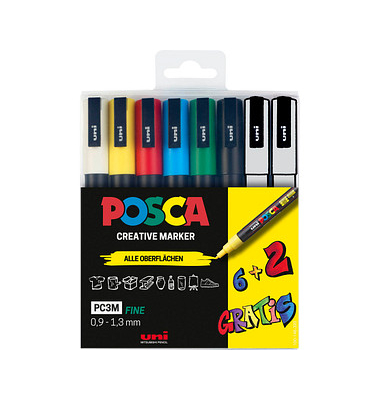 8 uni-ball POSCA PC-3M Acrylstift farbsortiert 0,9 - 1,3 mm 8 uni-ball POSCA PC-3M Acrylstift farbsortiert 0,9 - 1,3 mm