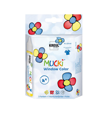 MUCKI Fenstermalfarben farbsortiert 4 Pens à 29 ml in Gelb, Rot, Dunkelblau, Konturenfarbe Schwarz, 1 MUCKI Window Color S Fenst MUCKI Fenstermalfarben farbsortiert 4 Pens à 29 ml in Gelb, Rot, Dunkelblau, Konturenfarbe Schwarz, 1 MUCKI Window Color S Fenst