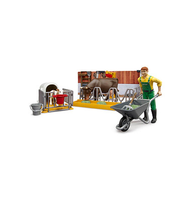 bruder bworld 62611 Kuh- und Kälberstall mit Landwirt Spielfiguren-Set