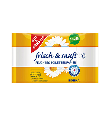 Toilettenpapier feucht, frisch & sanft, Kamille, 4192648006, 1-lagig, weiß, 70 Blatt / Packung, Toilettenpapier feucht, frisch & sanft, Kamille, 4192648006, 1-lagig, weiß, 70 Blatt / Packung,