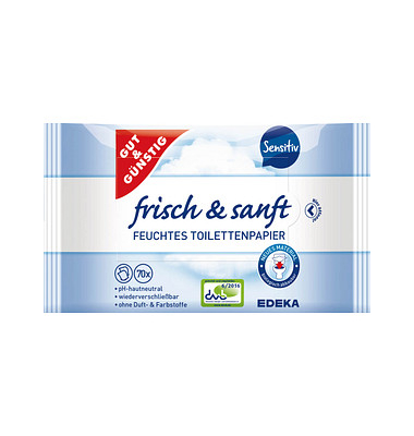 Toilettenpapier feucht, frisch & sanft, frisch, 4192668000, 1-lagig, weiß, 70 Blatt / Packung,