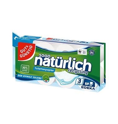 Toilettenpapier nat&uuml;rlich recycling 538517003, 3-lagig, wei&szlig;, 200 Blatt / Rolle,